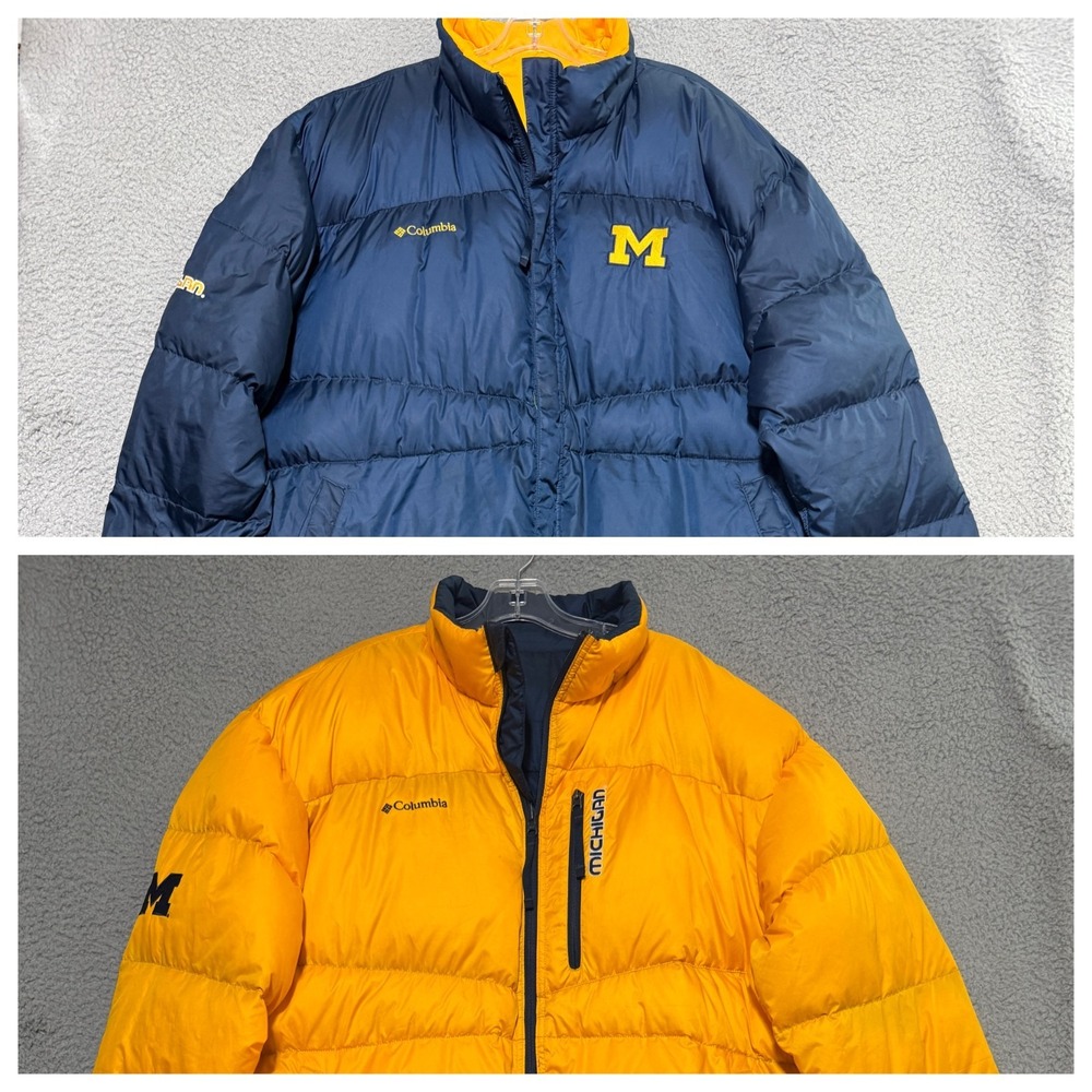 Columbia Michigan Wolverines Reversible Puffer Jacket Mens 2XL Down Fill Feather